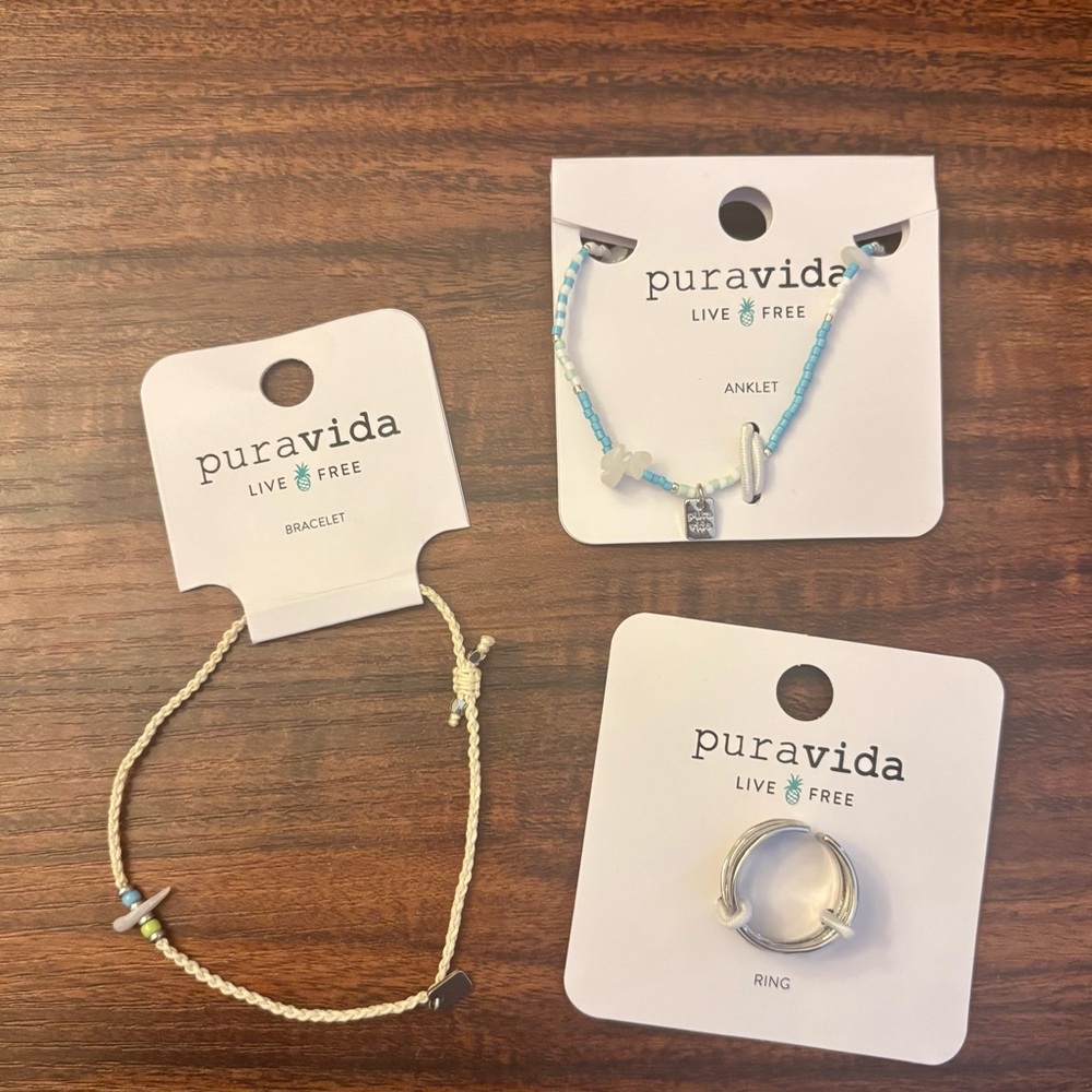 Pura Vida Bracelet, Anklet, and Ring Set - Blue and White